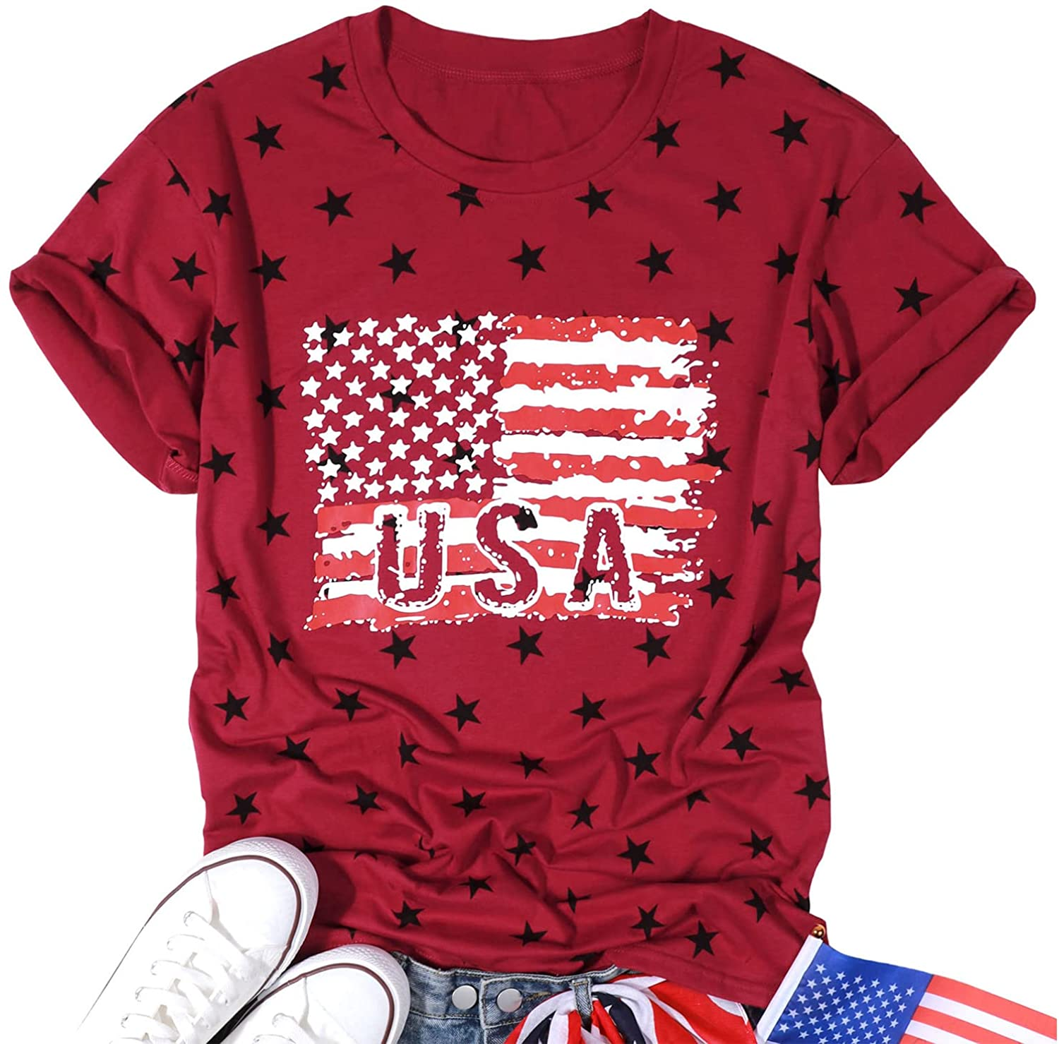 Women American Flag Shirt USA 4Th of July Independence Day T-Shirt Patriotic Stars Stripes Short Sleeve Tee Tops