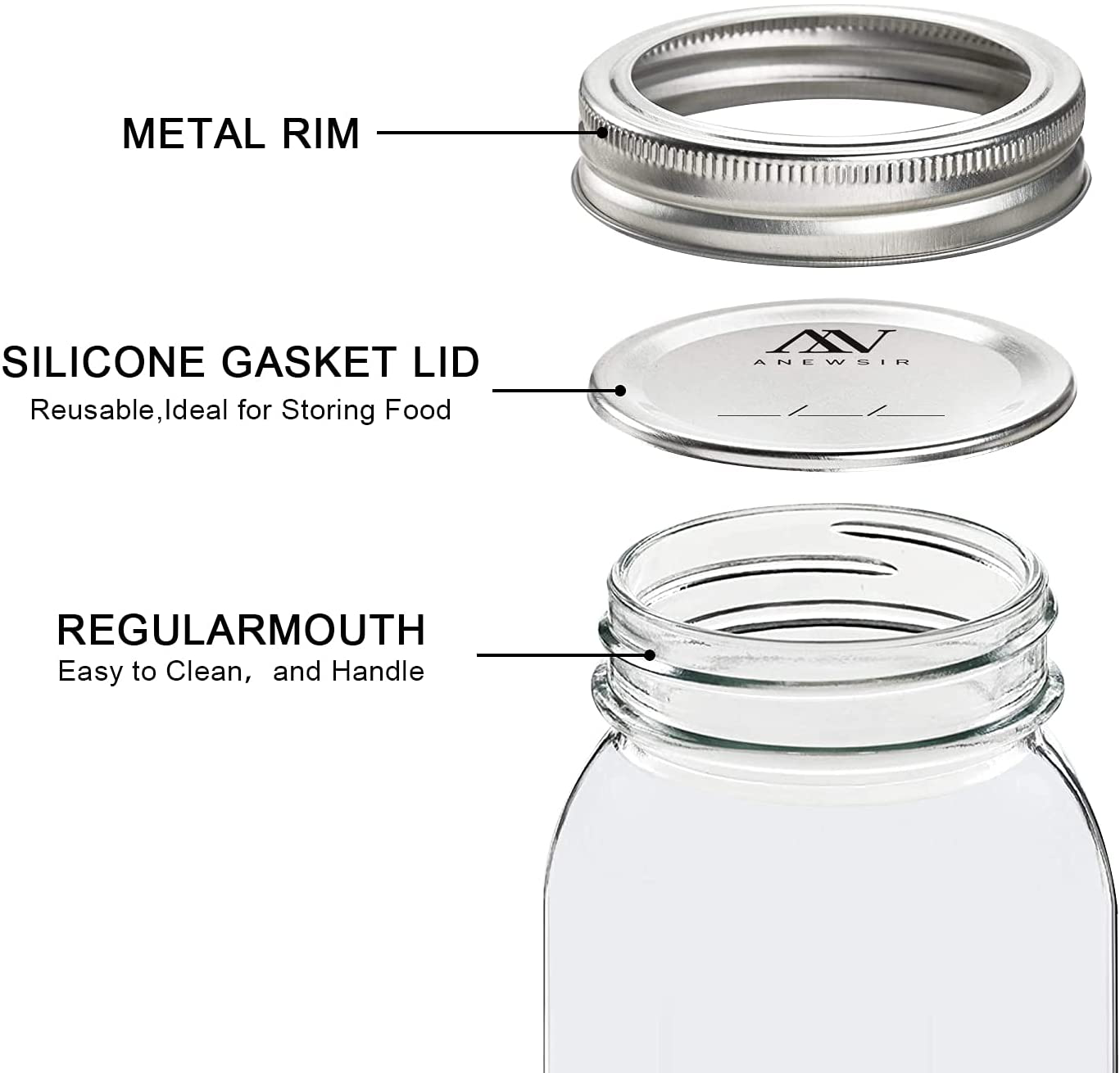 Mason Jars 16OZ, 6 Pack Regular Mouth Jars with Lids and Bands (Split-Type),Extra 24 Lids--Silver