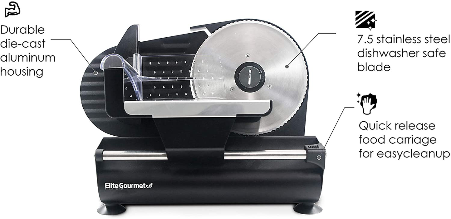 Elite Gourmet Ultimate Precision Electric Deli Food Meat Slicer Removable Stainless Steel Blade, Adjustable Thickness, Ideal for Cold Cuts, Hard Cheese, Vegetables & Bread, 7.5”, Black