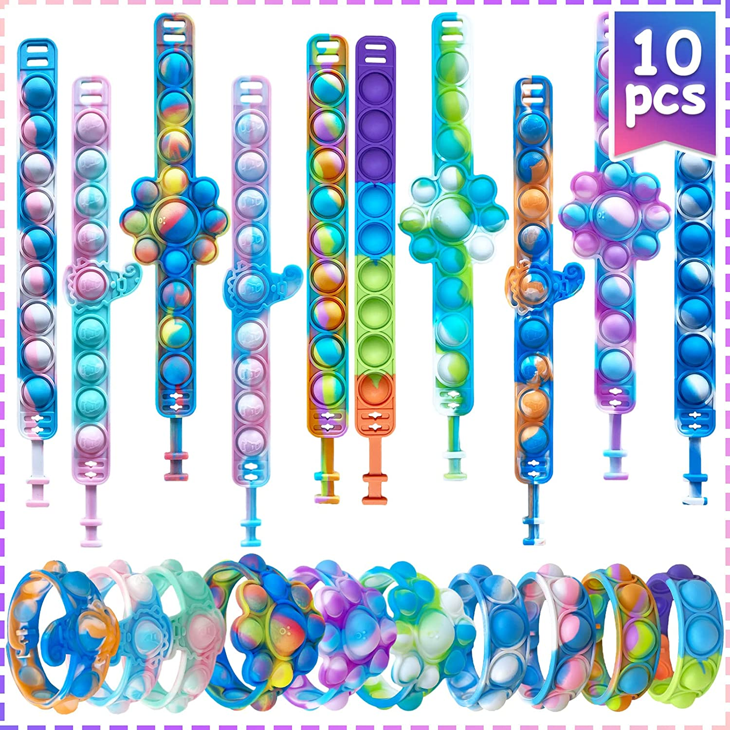 Pop Bracelet - Push Popp Bubble Fidget Toy, Bracelet Wristband Pack Multicolor Fidget Toys, Wearable for Adults & Children