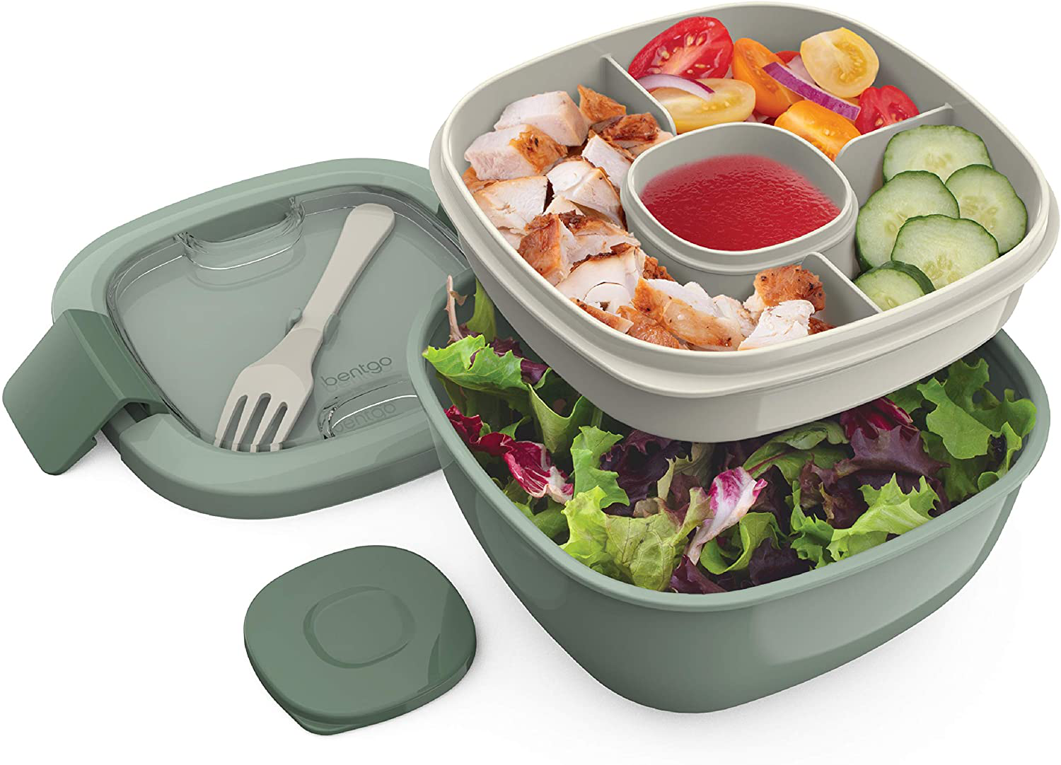 Bentgo Salad - Stackable Lunch Container with Large 54-oz Salad Bowl, 4-Compartment Bento-Style Tray for Toppings, 3-oz Sauce Container for Dressings, Built-In Reusable Fork & BPA-Free (Khaki Green)