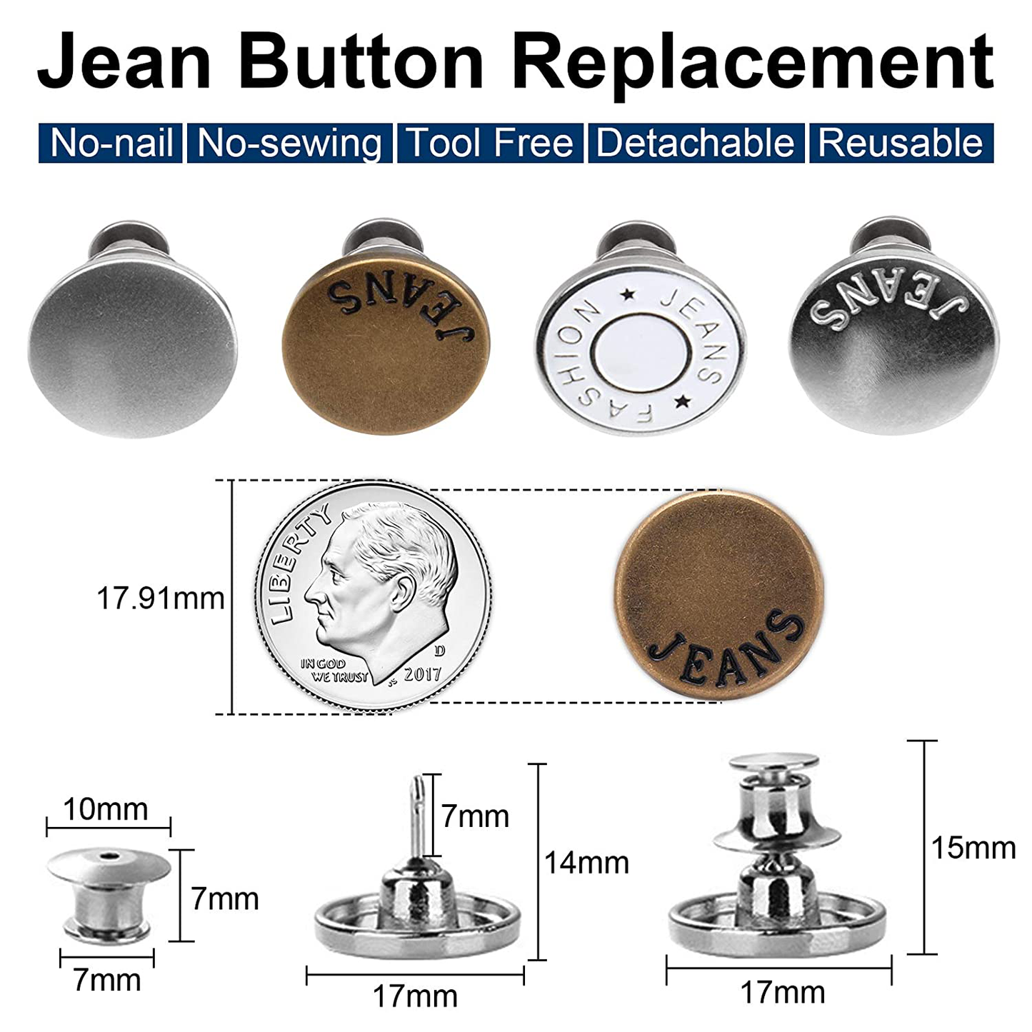 [Upgraded] 8 Sets Button Pins for Jeans, TOOVREN Perfect Fit Jean Button Replacement, 4 Styles Adjustable Jean Button Pins Metal Clips Snap Tack, No Sew Instant Extend or Reduce Any Pants Waist