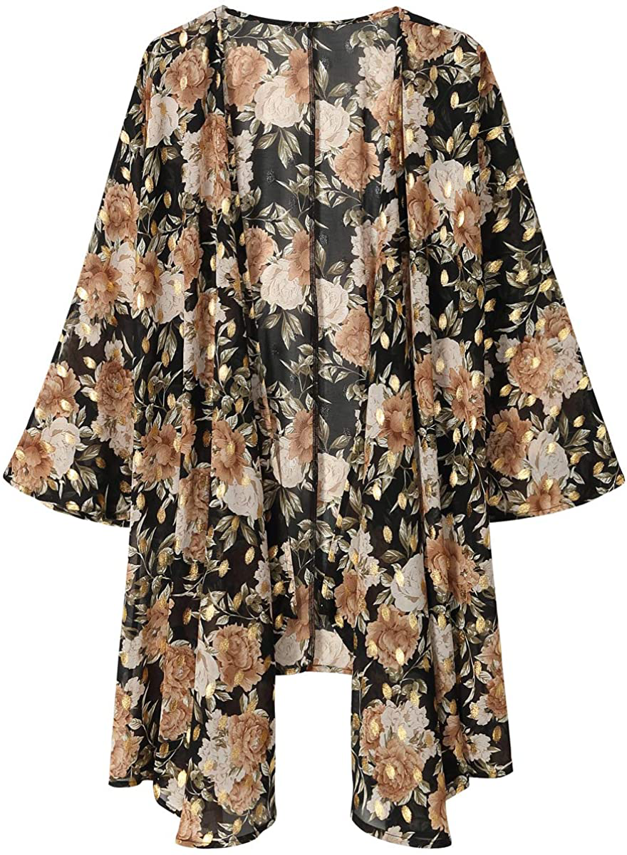 olrain Women's Floral Print Sheer Chiffon Loose Kimono Cardigan Capes