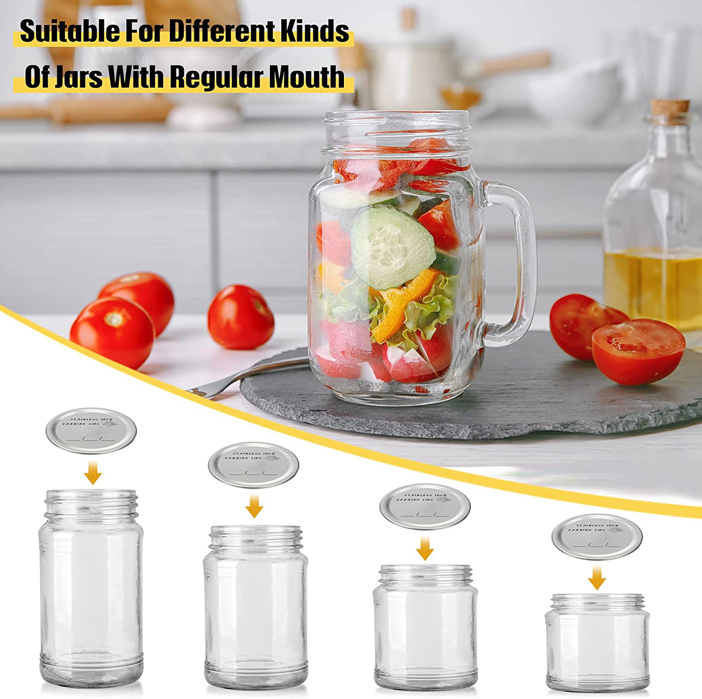 70 mm Canning Lids Mason Can Jar Lids Split-Type Regular Mouth Lids with Silicone Seals Rings Reusable Leakproof Lids Storage Solid Caps Flat Sealing (100 Pieces)