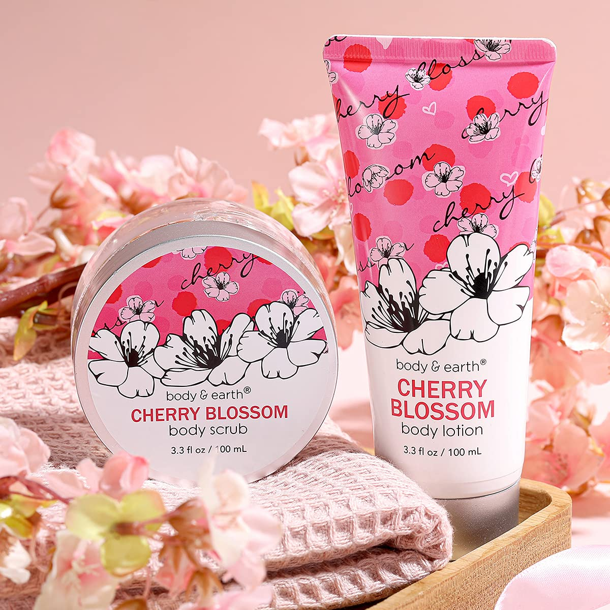 Bath and Body Gift Set for Women - Cherry Blossom Scent with Double-Layer Spa Gift Box, 5 Piece Home Spa Set Includes Shower Gel, Body Scrub, Body Lotion, Hand Soap, Rose Flower, Bath Set Gift for Her