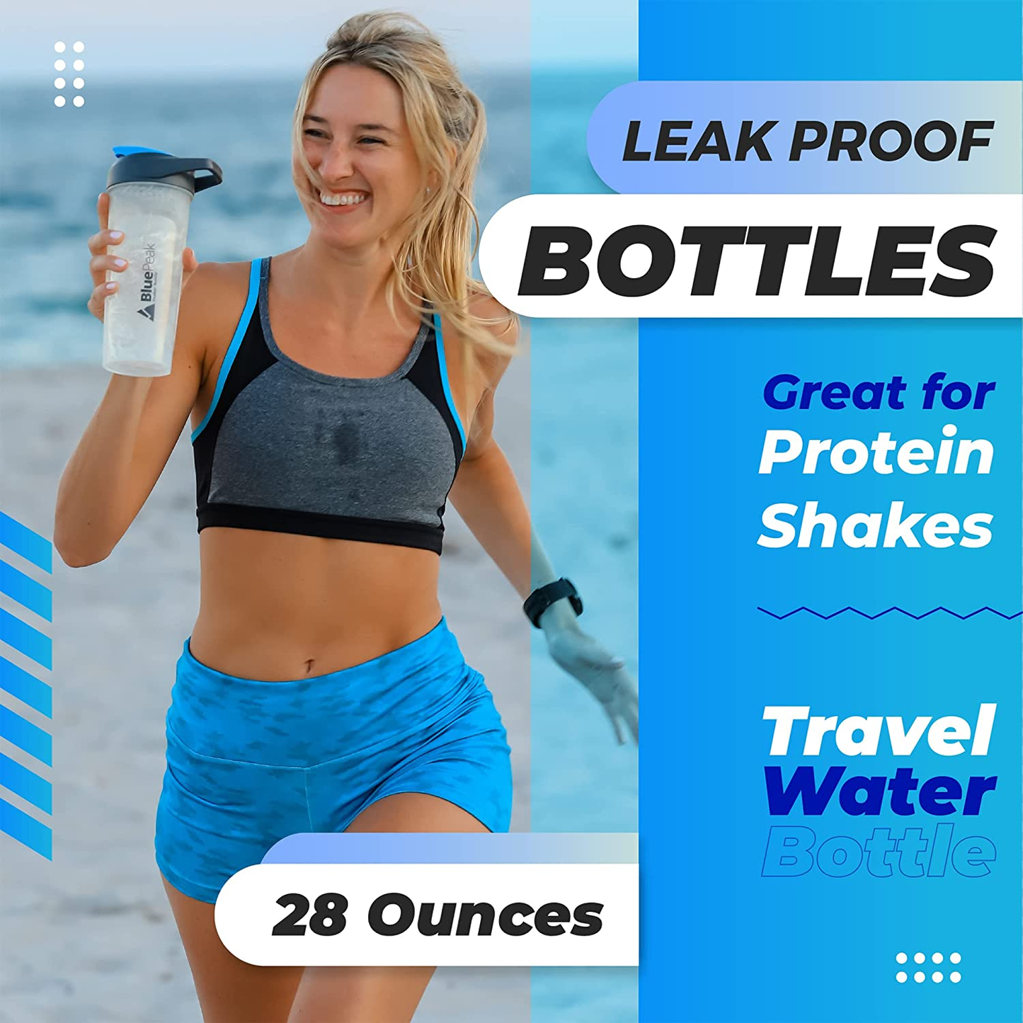Protein Shaker Bottle 28 Oz with Dual Mixing Technology, Strong Loop Top, BPA Free, Shaker Balls & Mixing Grids Included - On-The-Go Large Protein Shakers