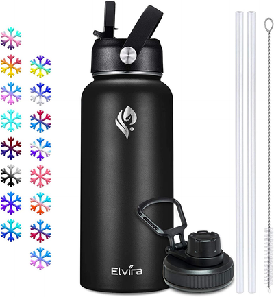 Elvira 32oz Vacuum Insulated Stainless Steel Water Bottle with Straw & Spout Lids, Double Wall Sweat-Proof BPA Free to Keep Beverages Cold for 24Hrs or Hot for 12Hrs