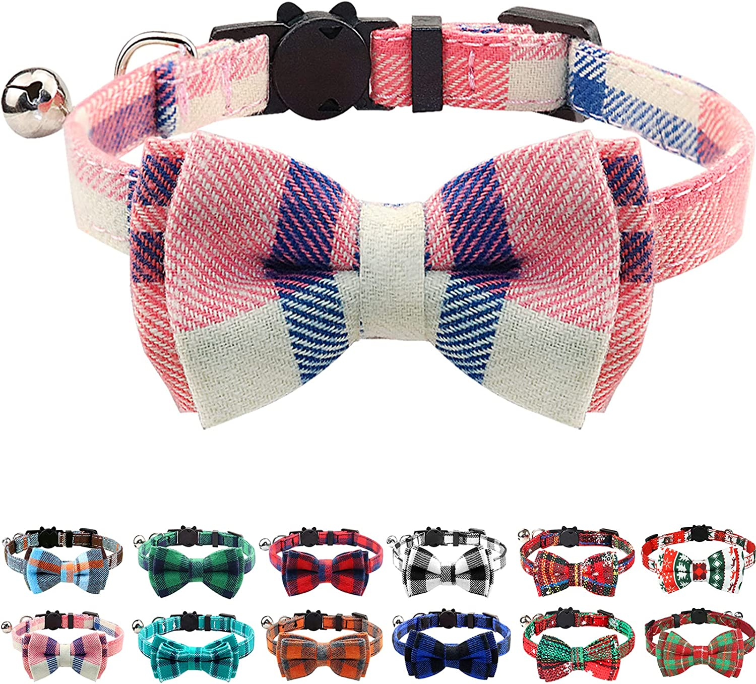 Joytale Breakaway Cat Collar with Bow Tie and Bell, Cute Plaid Patterns, 1 Pack Kitty Safety Collars,Haze Blue