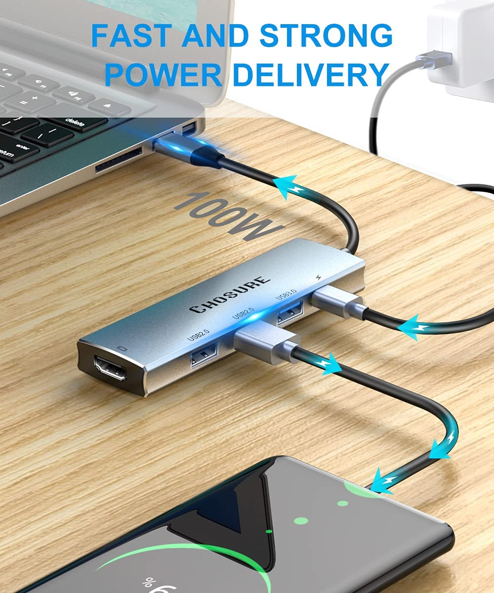 USB C Hub, 5 in 1 USB-C Splitter Thunderbolt 3 Hub to 4K HDMI Adapter for Macbook, 3 USB Ports, 100W PD Charger, Chosure Type C Dongle Compatible with Macbook Pro Air HP XPS and More Type C Devices