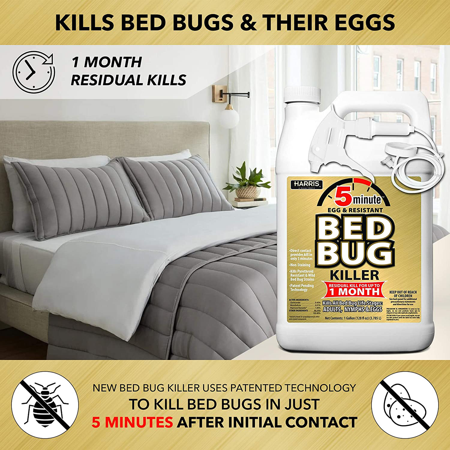 HARRIS 5 Minute Bed Bug Killer with Odorless and Non-Staining Formula, 128 oz