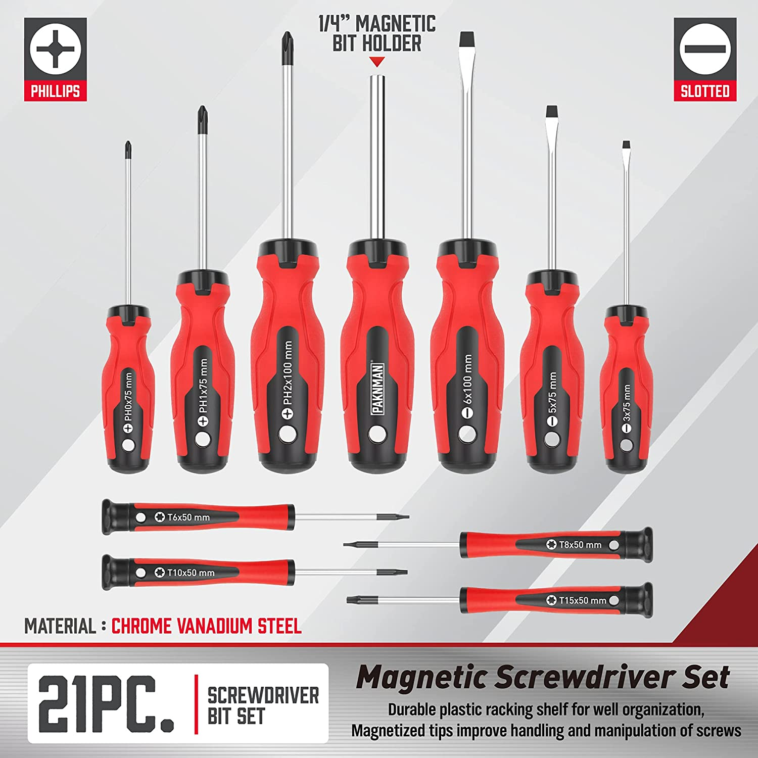 Magnetic Screwdriver Set with Rack,21-Pcs PAKNMAN Includs Slotted, Phillips, Torx and Precision Screwdriver Set Tools Gifts for Men