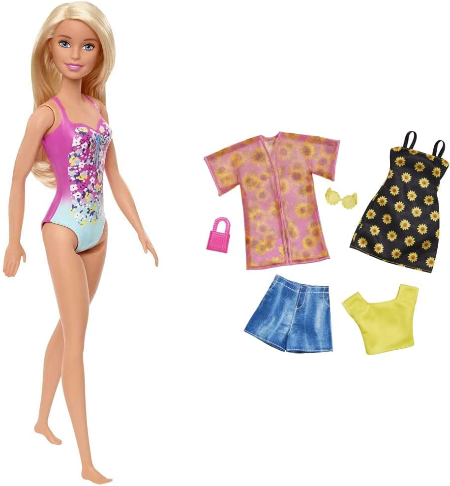 Barbie Doll, Blonde, Wearing Pink and Blue Floral Swimsuit, for Kids 3 to 7 Years Old