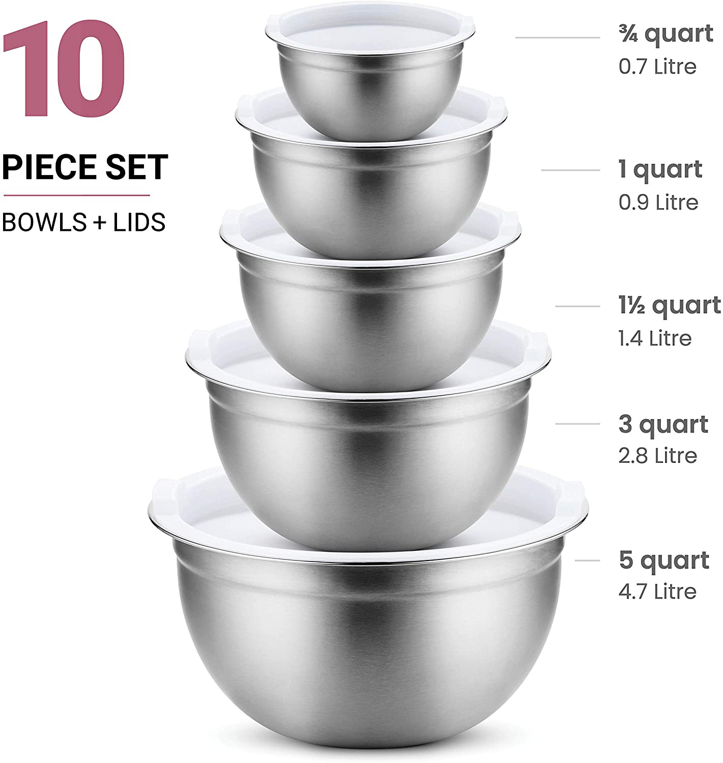 Premium Stainless-Steel Mixing Bowls with Airtight Lids (Set of 5) Nesting Bowls for Space-Saving Storage, Easy-Grip & Stability Design Mixing-Bowl Set Versatile For Cooking, Baking, & Food Storage