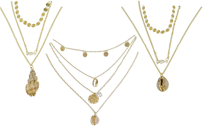 LIIya 3 Piece Layered Necklaces for Women, Gold Plated Layered Necklaces with Shell Pendant Adjustable Dainty Personalized Handmade Layered Necklaces Jewelry Gift for Women