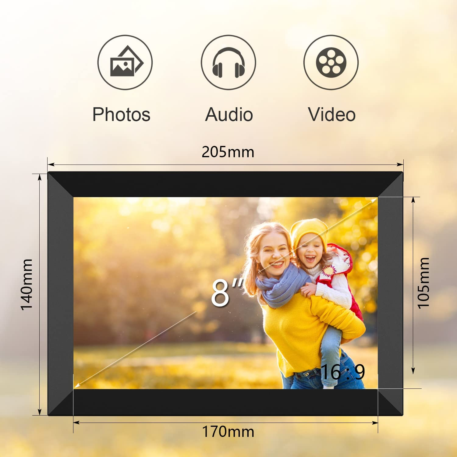 Digital Picture Frames, Electronic Photo Frame, IPS Screen 16:10 Upgrade Design, Photo/Music/Video Player/Calendar/Alarm with Remote Control, Support USB or SD Card, Auto-Rotate Wall Mountable, 8 Inch