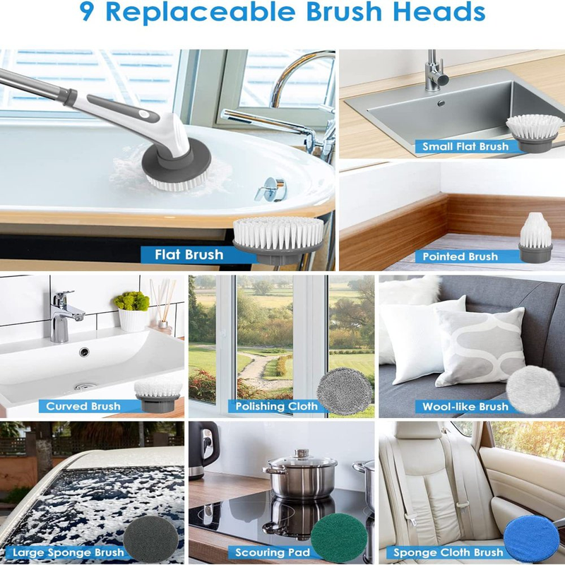 Cordless Cleaning Electric Spin Scrubber with 9 Heads & Extension Handle