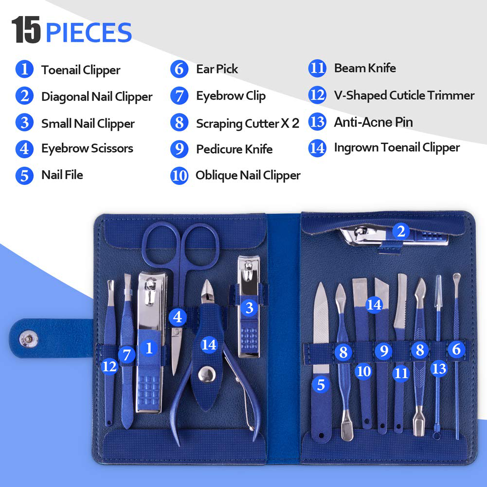 Manicure Set, Pedicure Kit, Nail Clippers, Professional Grooming Kit, Nail Tools 15 in 1 with Luxurious Travel Case for Men and Women 2020 Upgraded Version Blue (Blue 15 in 1)