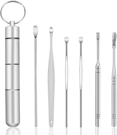 Ear Pick Earwax Removal Kit, Ear Cleansing Tool Set, 6In1 Stainless Steel Ear Curette Ear Wax Remover Tool with Detachable Keychain Box,Reusable Ear Cleaning Kit,Ear Care Tools for Family