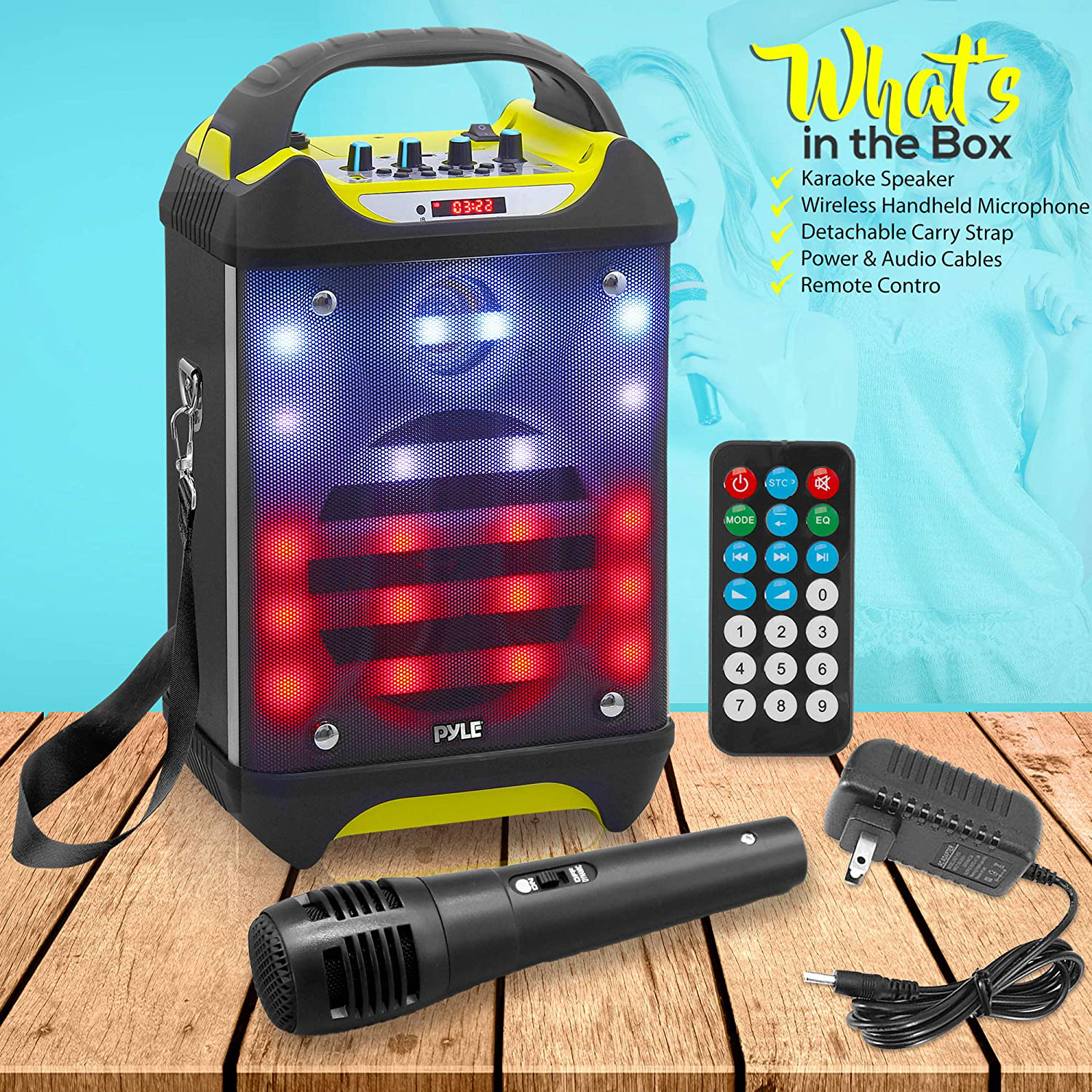 Portable Bluetooth Karaoke Speaker System - Audio Recording Function, 32 GB USB/SD Card Support, Built-In Rechargeable Battery, Flashing DJ Light W/ Music Streaming & Handheld Mic - Pyle PWMA275BT