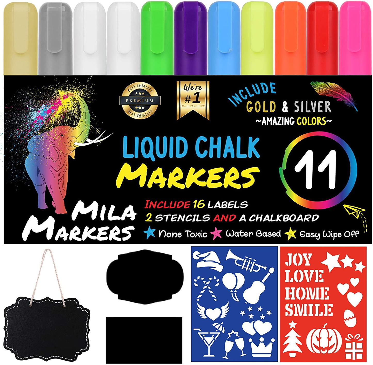 Markers Chalk Marker Set - 11 Liquid Chalkboard Pens, 16 Labels and Bonus Board, Washable, Erasable Chalk Paint for Crafts (Metallic/Neon Pens)