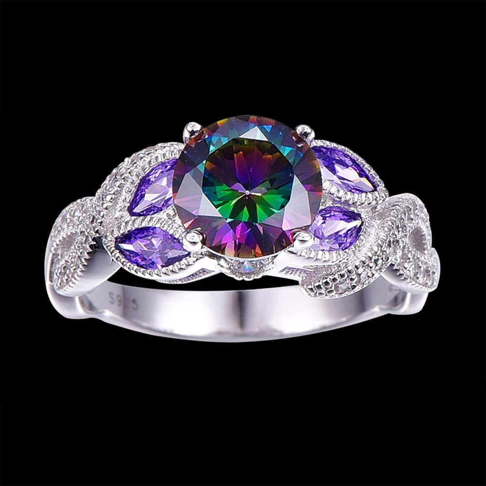 Engagement Anniversary Ring with 3.6Ct Created Rainbow Topaz Cubic Zirconia 925 Sterling Silver