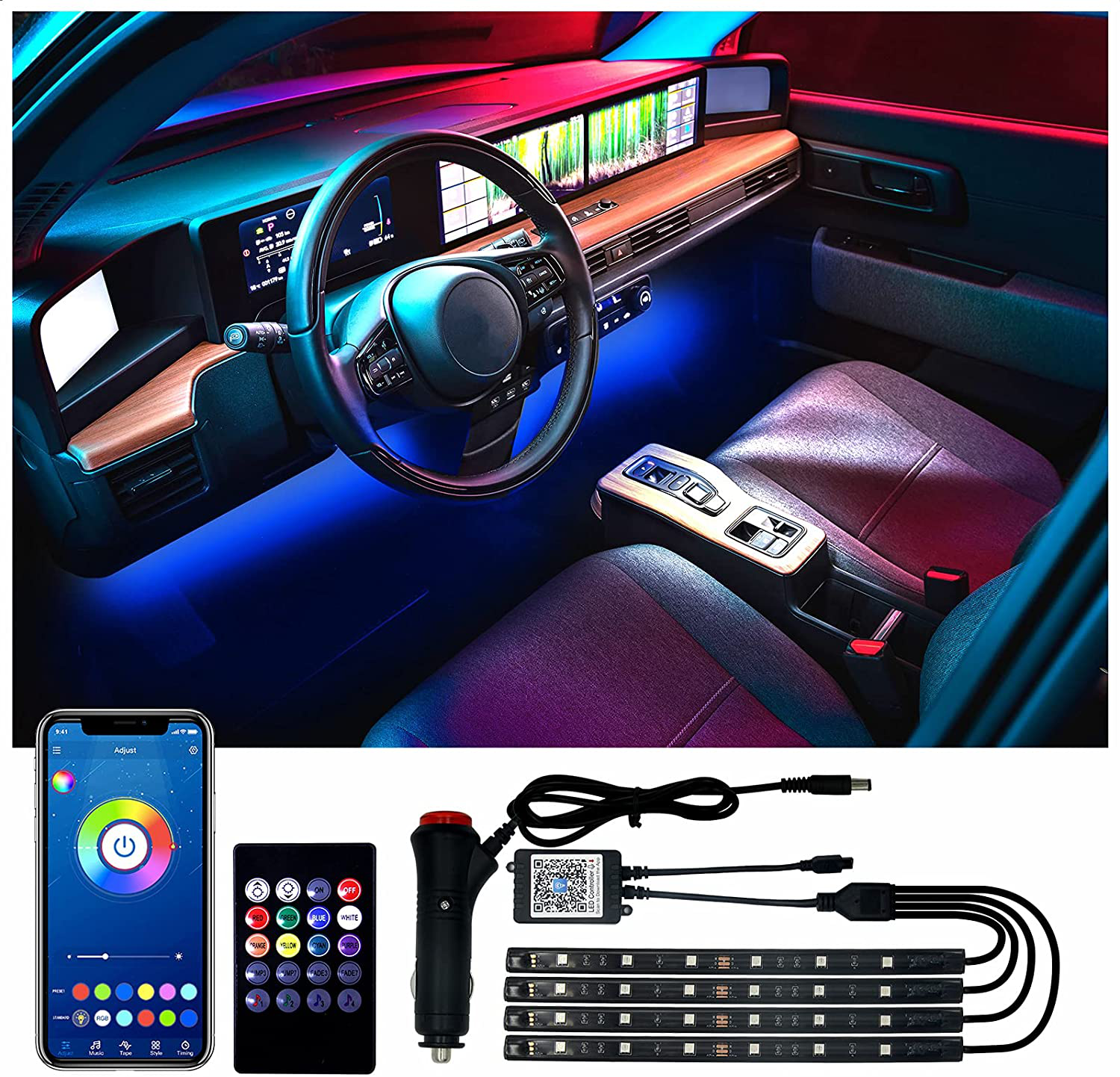 DAYBETTER LED Lights for Car Interior, App Control Car LED Lights Waterproof Design, One Line with 4 Led Strips Color Changing Music Car Lighting with Car Charger DC 12V