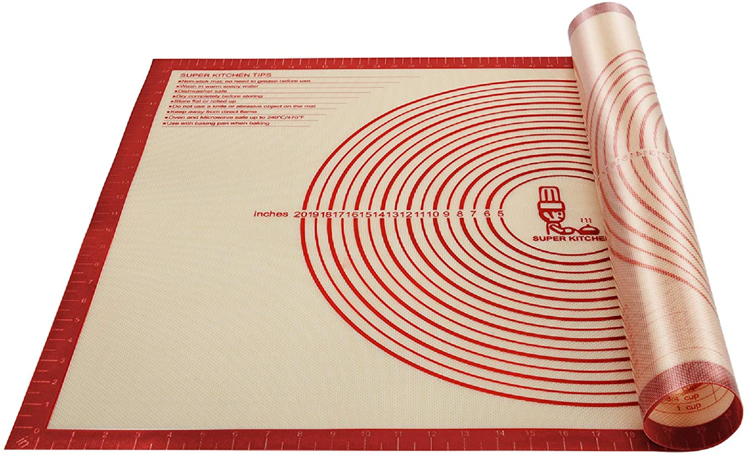 Non-Slip Silicone Pastry Mat Extra Large with Measurements 36''By 24'' for Silicone Baking Mat, Counter Mat, Dough Rolling Mat,Oven Liner,Fondant/Pie Crust Mat（Red）