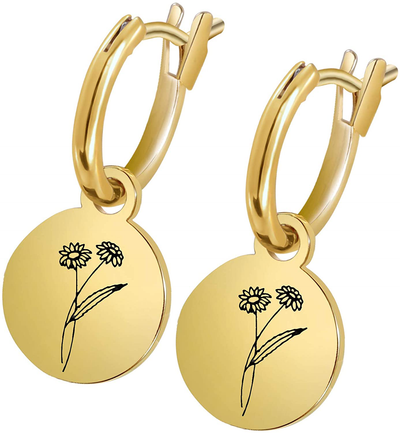 Birth Flower Earrings for Women Girls, 18K Gold Plated 12 Month Floral Signet Earrings Birthday Jewelry Gift Dainty Coin Drop Dangle Birth Earrings
