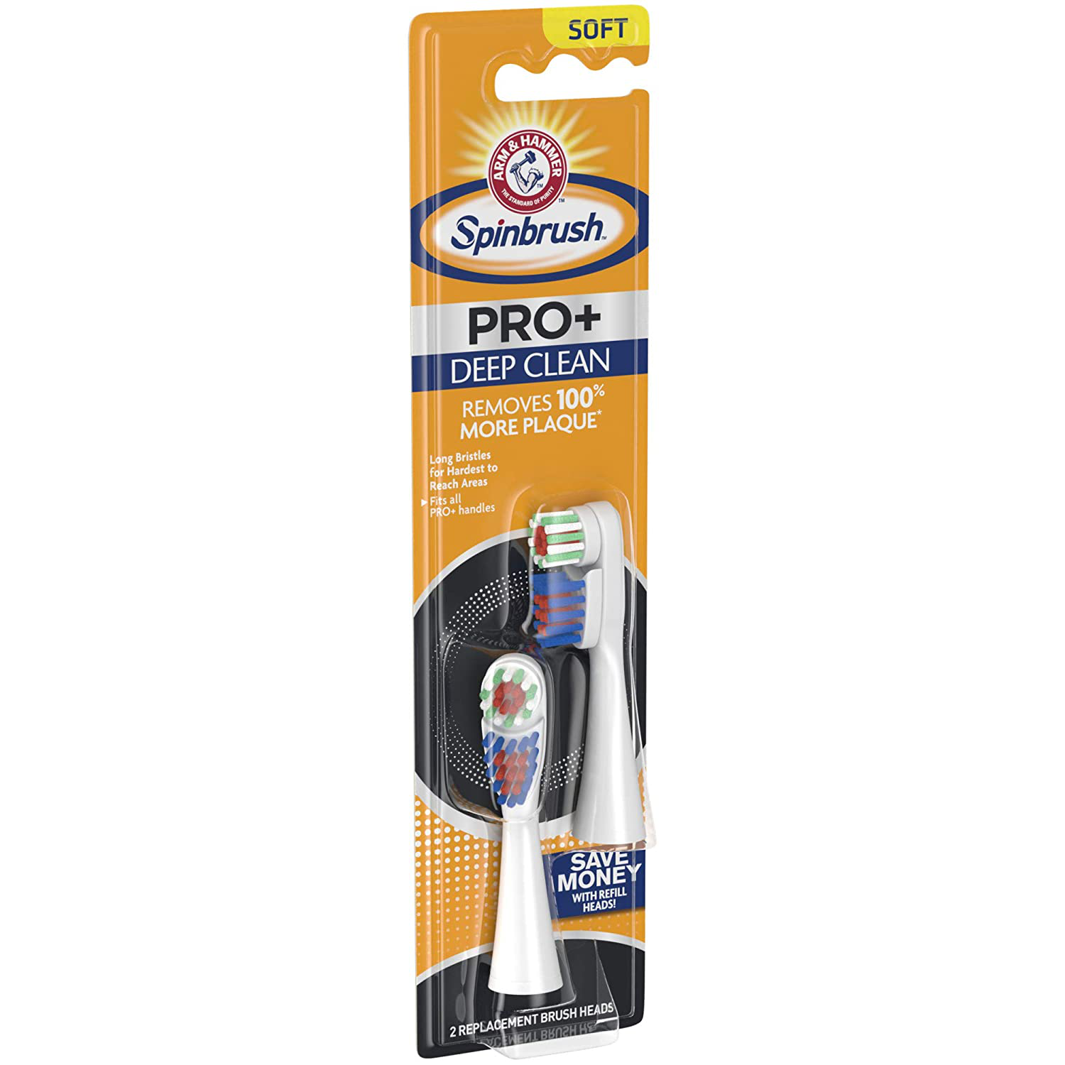 ARM & HAMMER Spinbrush PRO+ Deep Clean REFILLs– Spinbrush Battery Powered Toothbrush Removes 100% More Plaque- Soft Bristles -Two Replacement Heads