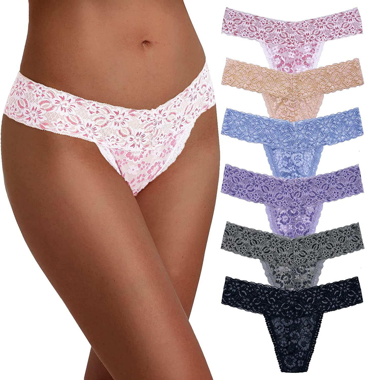 Women'S Sexy Lace Cotton Thongs Low Waist Underwear Soft Seamless Panties 6-Pack