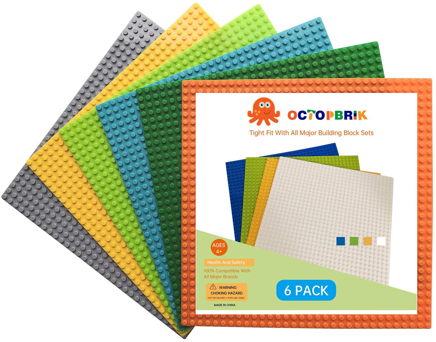 Octopbrik 6PCS Classic Baseplates, 10X10 Inches Base Plates, Compatible with Major Brands, 32X32 Pegs Large Platforms Accessory for Building Brick, Activity Table, and Displaying Toys (Multicolored)
