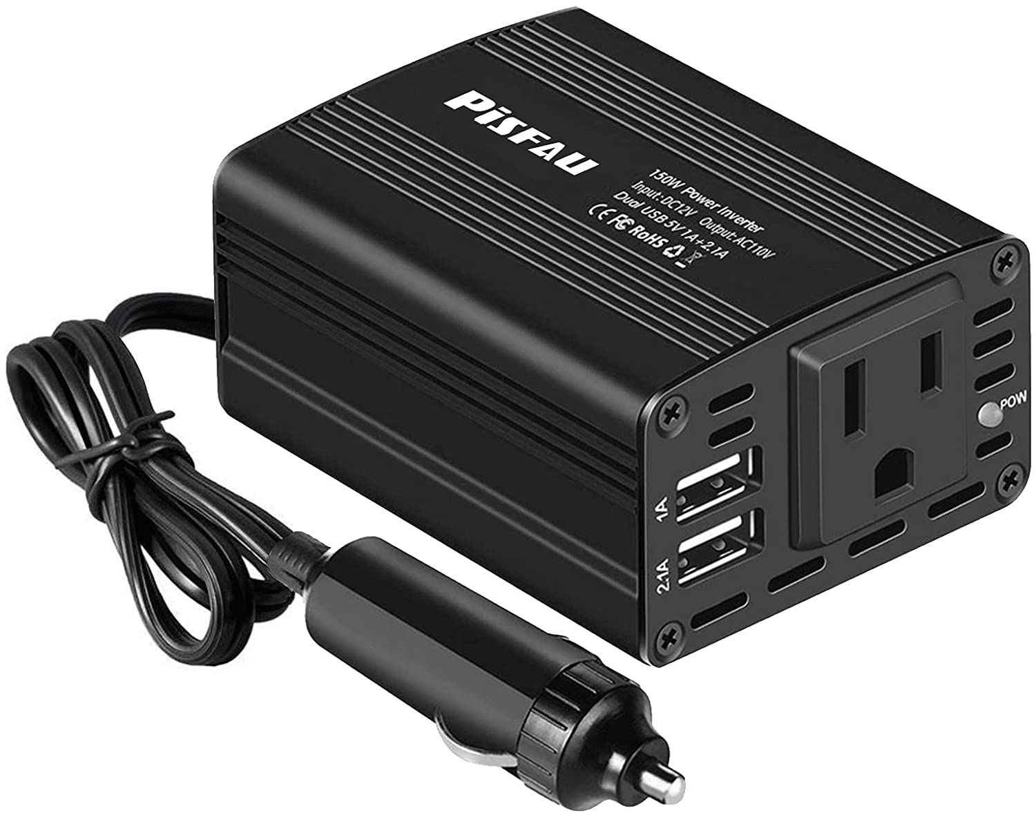 Pisfau 150W Power Inverter 12V DC to 110V AC Car Plug Adapter Outlet Converter with 3.1A Dual USB AC Car Charger for Laptop Computer, Black (MT-MX150)
