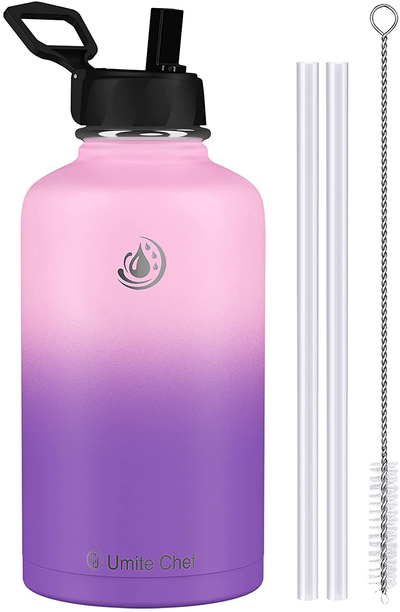 Umite Chef Water Bottle, Vacuum Insulated Wide Mouth Stainless-Steel Sports 64OZ Water Bottle with New Wide Handle Straw Lid,Hot Cold, Double Walled Thermo Mug Love/Hate Color