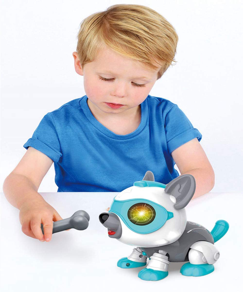 Children'S DIY Smart Puppy STEM DIY Robot Dog Toy, Electronic Pet Puppy with Bone, Eating, Yawning, Music Multiple Function Modes, Voice Sensor, Touch Sensor, Suitable for 6+ Children