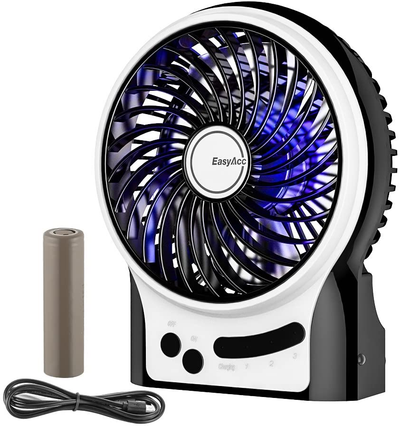 Small USB Desk Fan, Easyacc 3 Speed Portable Rechargeable Battery Fan with Blue LED Mood Light, Personal Quiet Table Fan 4.9 Inch Cooling Fan for Home, Office, Outdoor, Travel, Camping