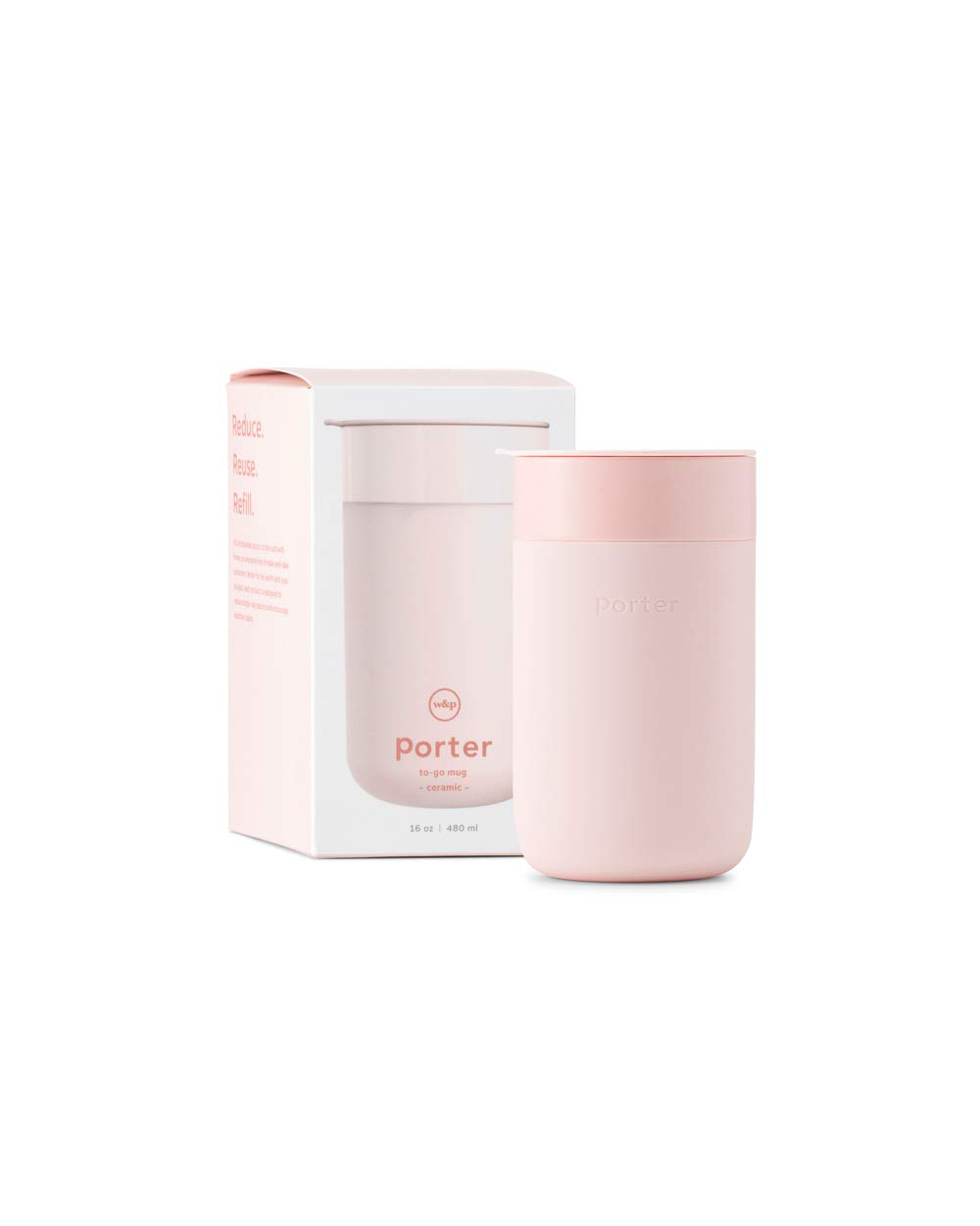 W&P Porter Ceramic Mug W/ Protective Silicone Sleeve, Blush 16 Ounces | On-The-Go | Reusable Cup for Coffee or Tea | Portable | Dishwasher Safe