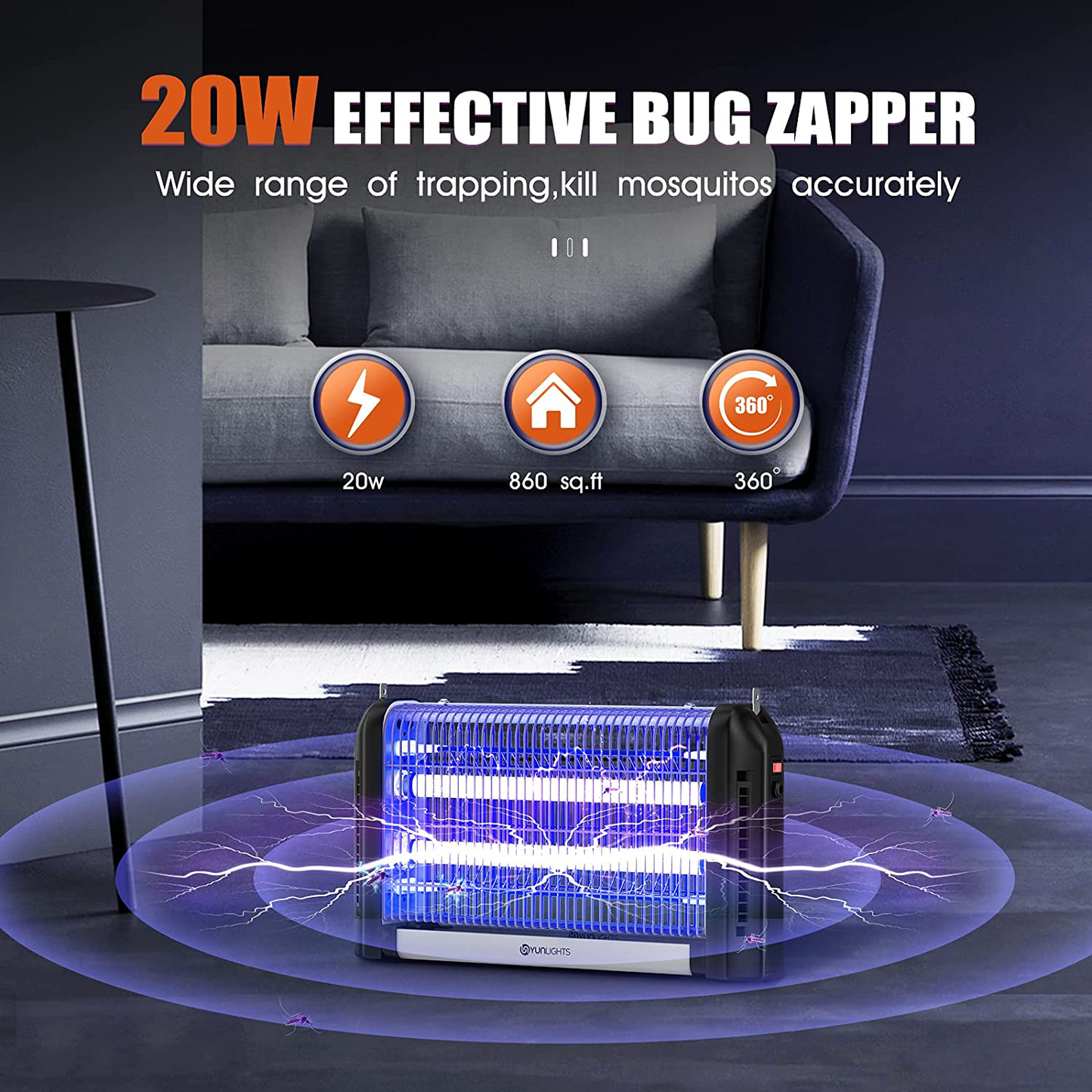 YUNLIGHTS Bug Zapper Outdoor Electric: 20W High Power Mosquito Killer 2800V Fly Trap Hanging UV Light Mosquito Zapper for Indoor Patio Home Garden Backyard