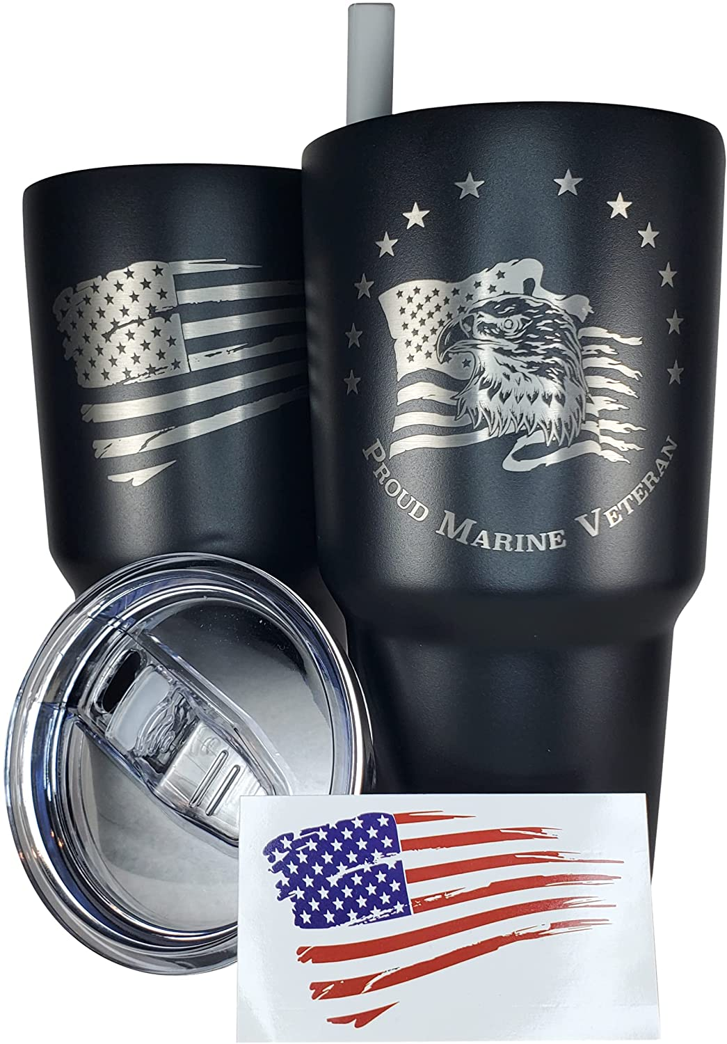 30Oz Army Veteran Tumbler - Double Insulated - with Silicone Straw and USA Sticker (Army Veteran)