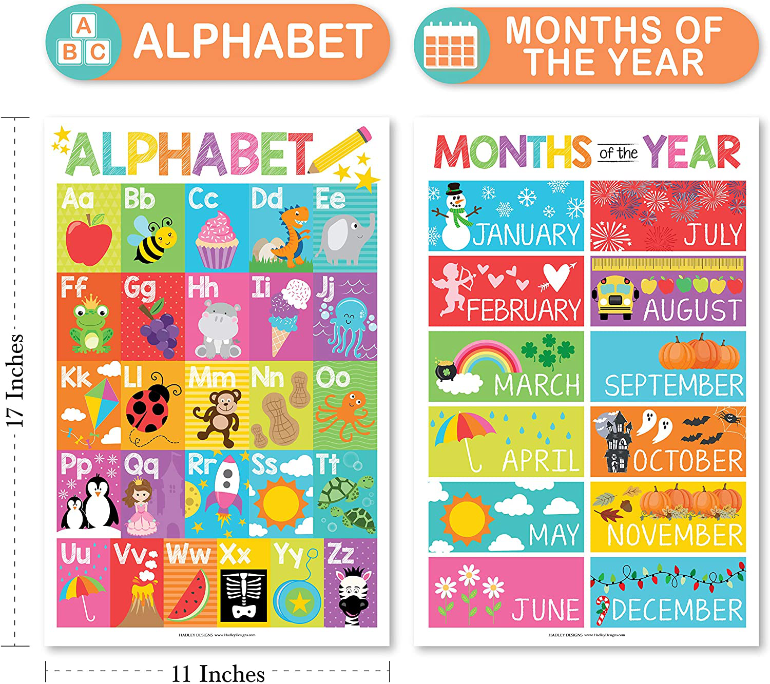 4 Alphabet, Months of the Year, Weather, Days of The Week Calendar For Kids, ABC Posters For Toddlers Wall Decor Art, Charts for Kindergarten Classroom PreK or Homeschool, Educational Laminated 11x17"