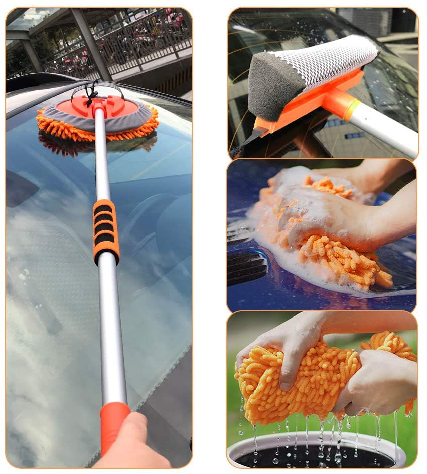 Buyplus Car Wash Brush with Long Handle - Multipurpose Car Cleaning Mop, Window Squeegee and Chenille Microfiber Mitt Set, 46in Adjustable Aluminum Long Handle, Vehicle Wash Brush Kit