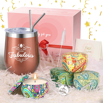 Mothers Day Gifts Candle Tumbler, Birthday Gifts for Women Best Friends Mom Sister, Insulated Wine Tumbler with Lid 4 Scented Candles Set, Birthday Gifts Box for Her with Wine Tumbler Gift Set