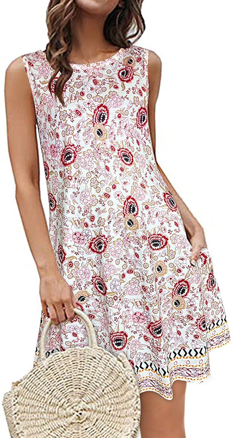 Boho Dresses for Women Summer Beach Sleeveless Vintage Floral Flowy Pocket Tshirt Tank Sundresses