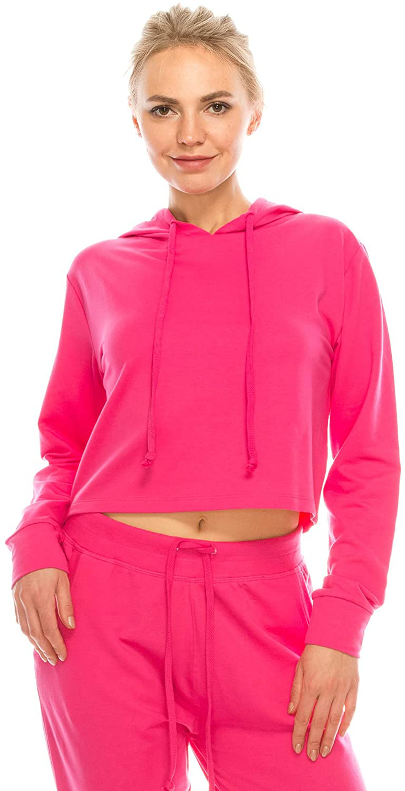 Women's Casual Crop Hoodie Sweatshirt - Long Sleeve Cute Cropped Plain Workout Drawstring Hooded Pullover Top