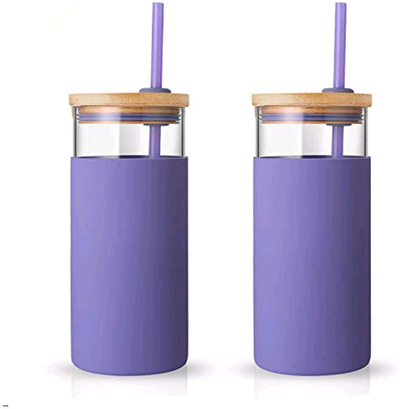 tronco 20oz Glass Tumbler Glass Water Bottle Straw Silicone Protective Sleeve Bamboo Lid - BPA Free (Lilac/2-Pack)