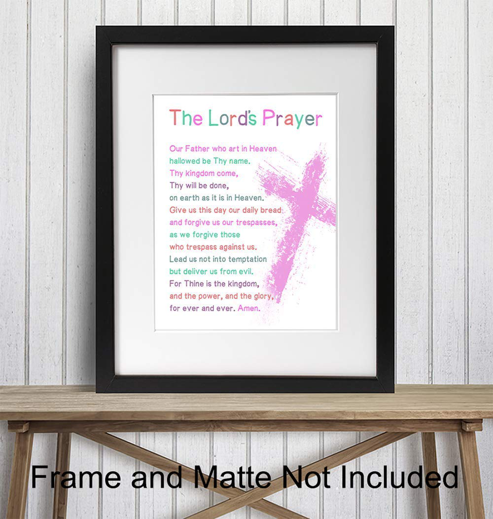 Lords Prayer Bible Verse Wall Art - Religious Scripture Girls Bedroom Decor - Christian Daughter Gifts for Toddler, Baby Girls Room - Blessed Church Sunday School Kids Decorations - Pink Cross Poster
