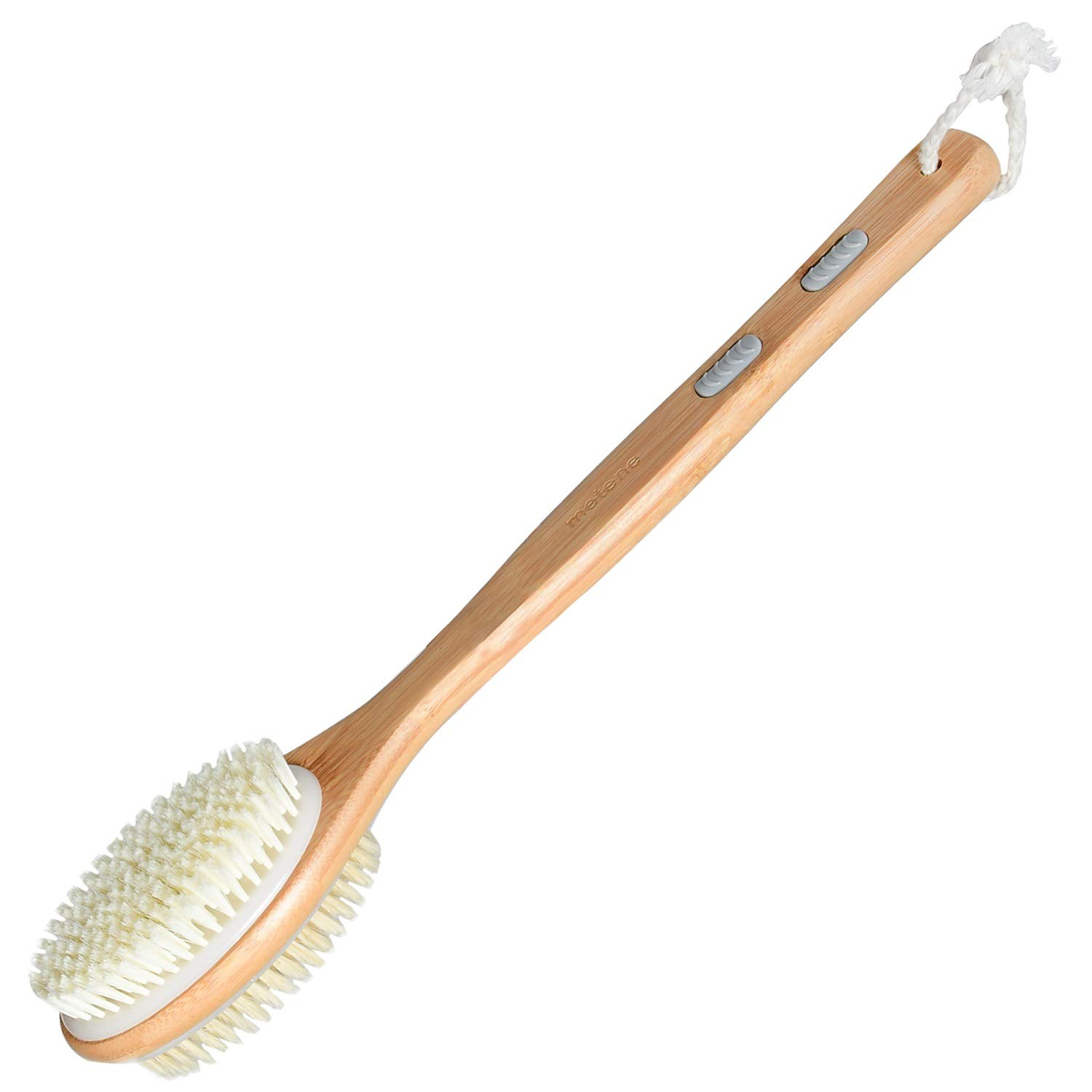 Metene Bamboo Shower Body Exfoliating Brush, Bath Back Cleaning Scrubber with Upgrade Long Handle, Dry or Wet Skin Exfoliator Brush with Soft and Stiff Bristles Back Washer for Men Women