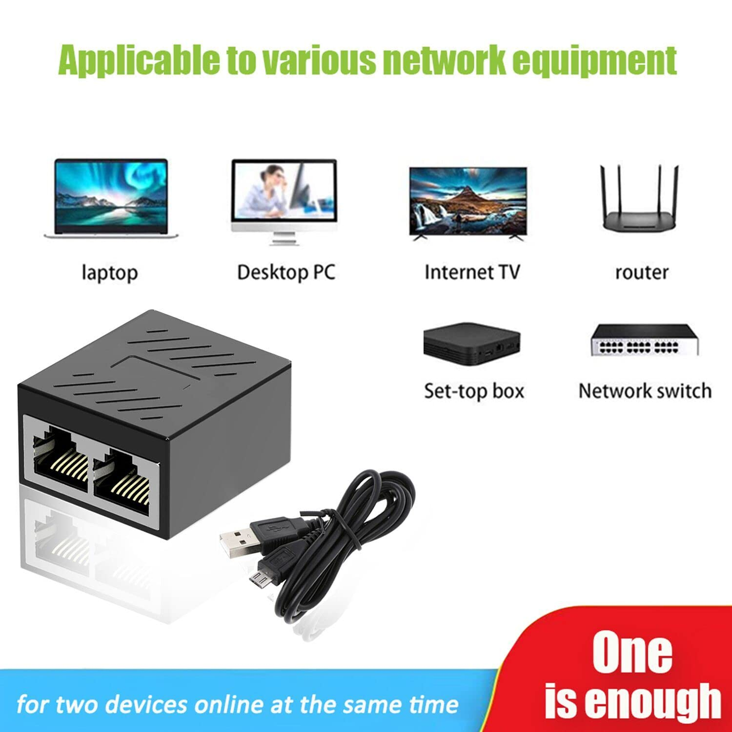 RJ45 Ethernet Switch 1 to 2, RJ45 Ethernet Extender 1 Female to 2 Female Support Two Devices Online at the Same Time.