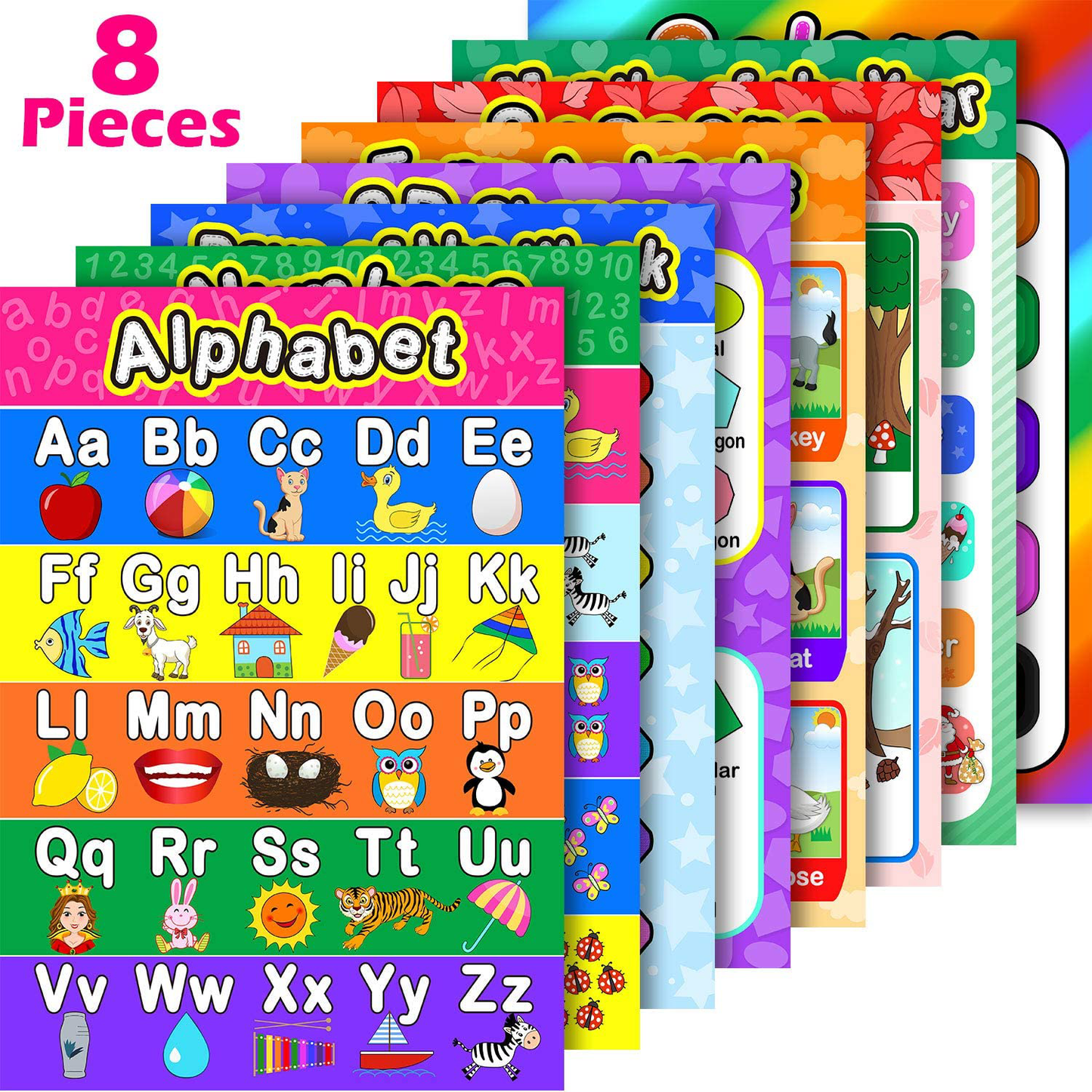 8 Educational Preschool Posters for Toddler and Kid Learning with 60 Glue Point Dot for Nursery Preschool Homeschool Kindergarten Classroom - Teach Numbers Alphabet Colors Months and More 16 x 11 Inch
