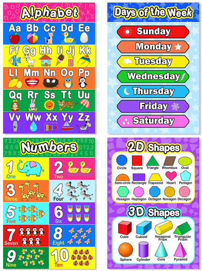 8 Educational Preschool Posters for Toddler and Kid Learning with 60 Glue Point Dot for Nursery Preschool Homeschool Kindergarten Classroom - Teach Numbers Alphabet Colors Months and More 16 x 11 Inch