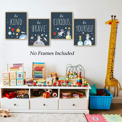 Unframed Inspirational Art Print, Outer Space Planet Wall Art Painting ,Set of 4（8" x10" ）Be Kind Be Brave Be Curious Be Yourself Quote Canvas Posters For Boys Bedroom Nursery Decor